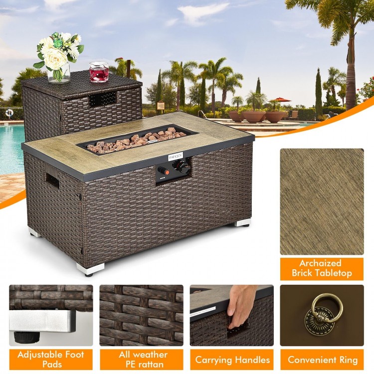 Brown 32"x20" propane rattan fire pit table with side tank holder, adjustable feet, and waterproof cover for outdoor.