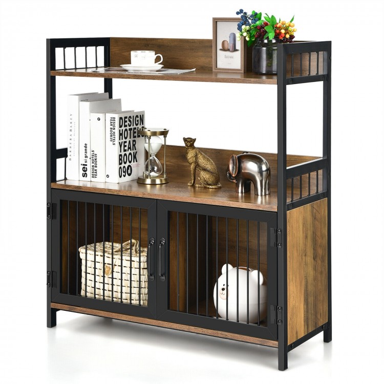2-tier baker's rack in rustic brown with open shelves and enclosed cabinets for kitchen storage and display.