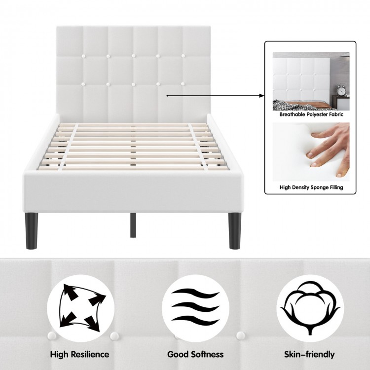 Platform bed with beige button tufted headboard, sturdy frame, and 7-inch under-bed storage for modern bedroom decor.