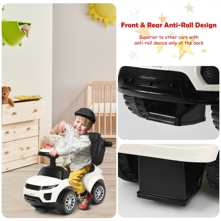 3-in-1 ride-on push car in white with anti-roll design, removable parental handle, and storage space for toddlers.