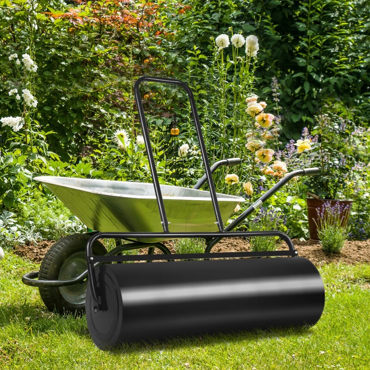 Black 36 x 12 inch lawn roller with rounded drum edges, perfect for pushing in tight garden spaces and leveling uneven.