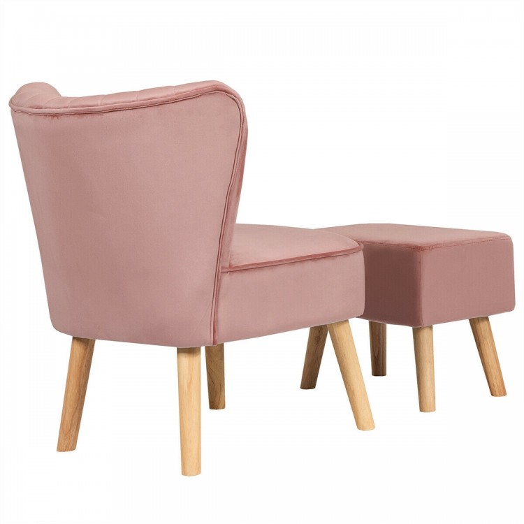 Side view of a pink velvet leisure chair and ottoman set with rubber wood legs, providing elegant support for.