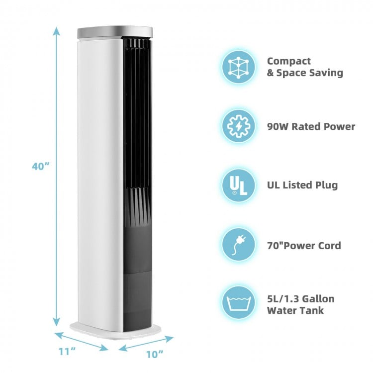 3-in-1 portable evaporative air cooler in white, featuring a 5L water tank and 4 fan speeds for home or office use.