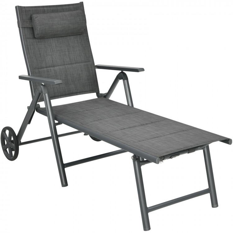 Gray patio reclining chaise lounge with adjustable neck pillow and wheels, perfect for outdoor relaxation and.