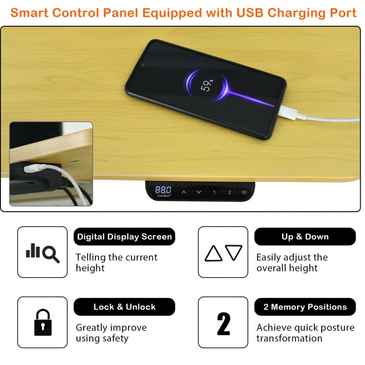 Electric standing desk with USB charging port, adjustable height 28" to 46.5", features smart control panel and memory.