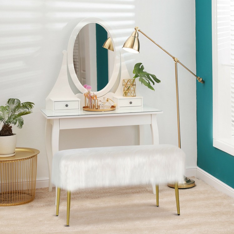 Upholstered faux fur vanity stool with golden legs, perfect for makeup rooms and stylish seating in any interior.