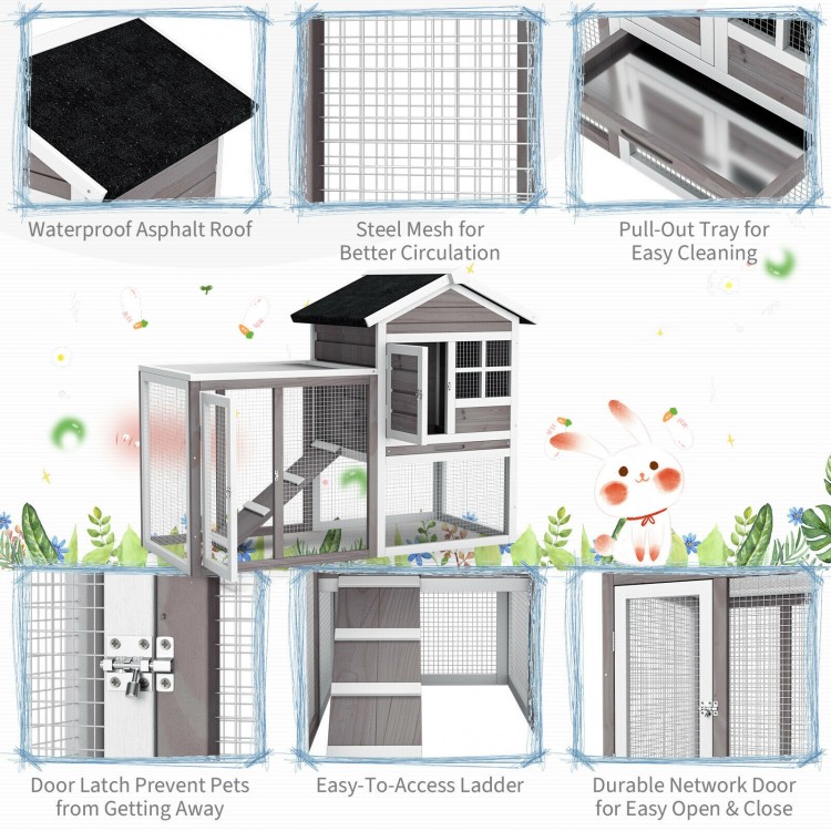 2-story wooden rabbit hutch in gray with waterproof asphalt roof, large running area, and pull-out cleaning tray.