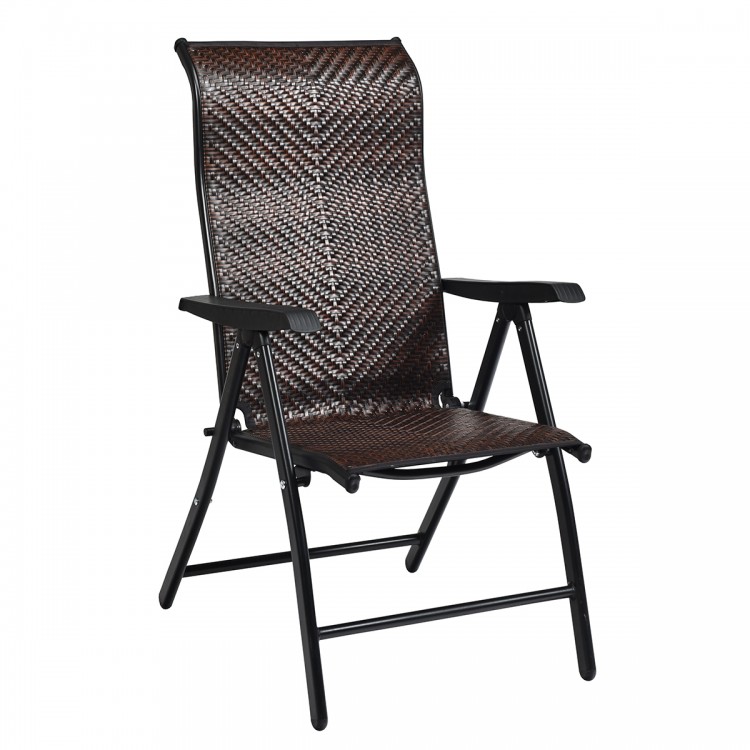 Folding rattan reclining chair with adjustable backrest, durable PE rattan, ideal for patio or garden relaxation.