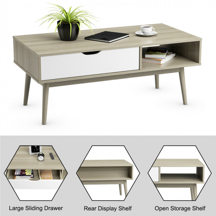Gray coffee cocktail accent table featuring a large drawer and open storage shelf, perfect for living room organization.