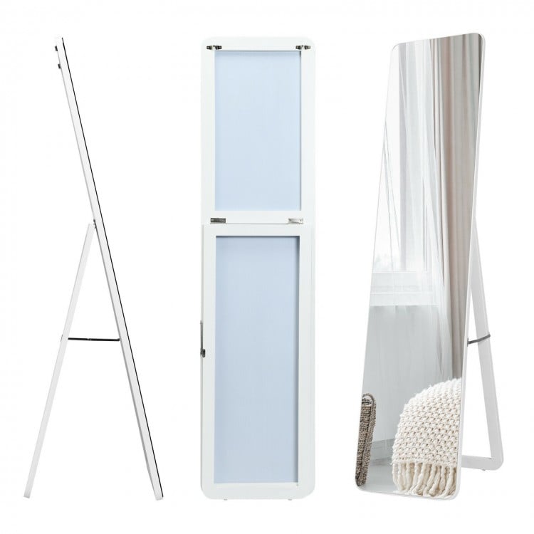 Frameless full-length mirror in white, highlighting its sleek design and versatile hanging options for modern spaces.