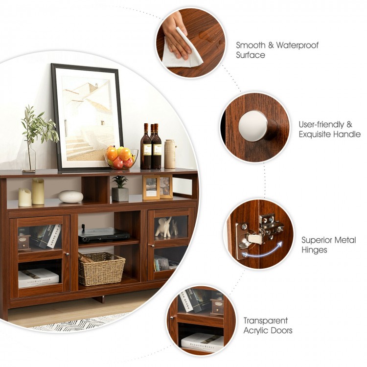 58" brown TV stand with transparent acrylic doors, 2 cabinets, and open shelves for versatile storage in any room.