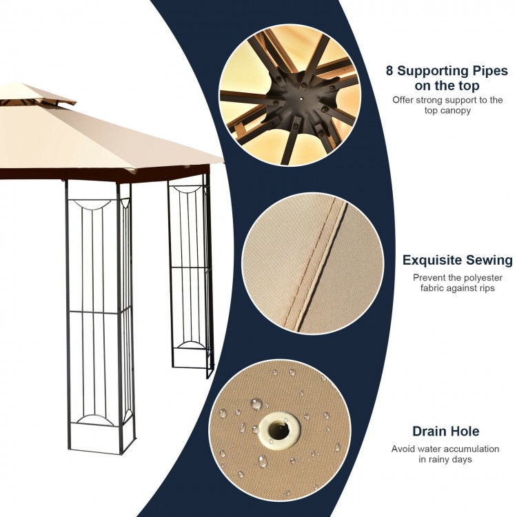 L-shaped 10x10 feet patio gazebo with beige polyester canopy, featuring 8 supporting pipes for stability and drainage.