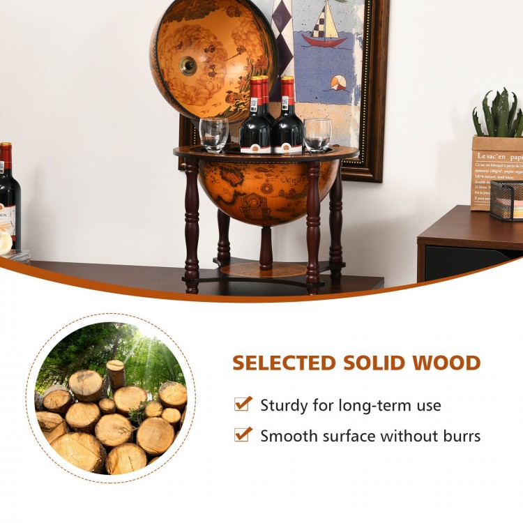 23-inch globe wine bar stand in brown, made of solid wood and MDF, perfect for storing wine bottles and glasses.