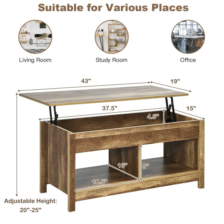 Lift top coffee table in natural finish with hidden storage and lower shelf, adjustable height for versatile use.