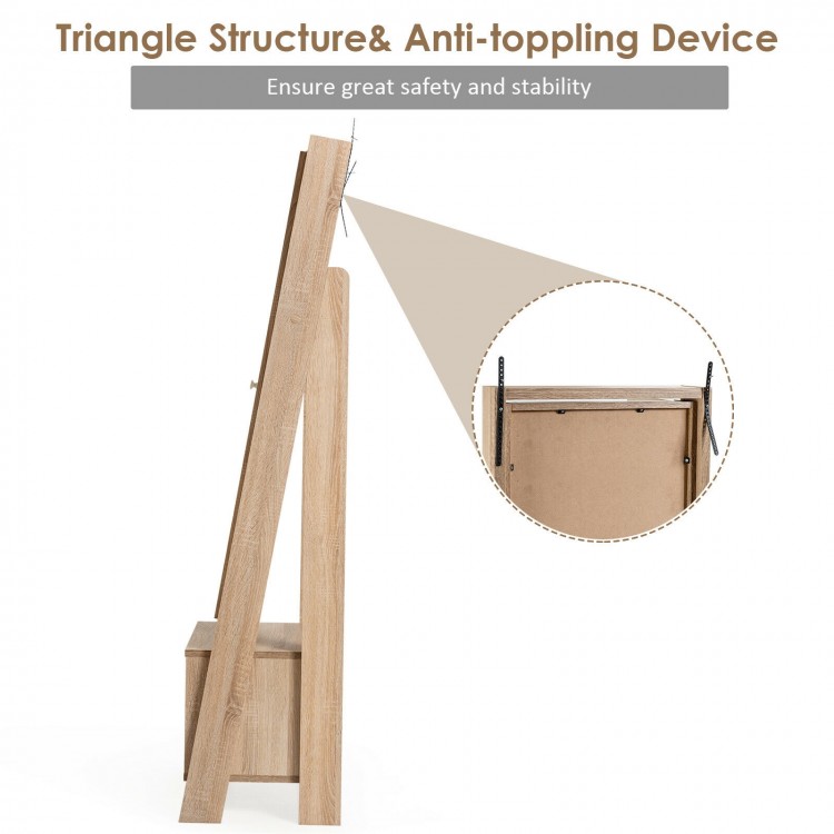 Detail of the anti-toppling device on the 2-in-1 wooden cosmetics storage cabinet for added safety and stability.