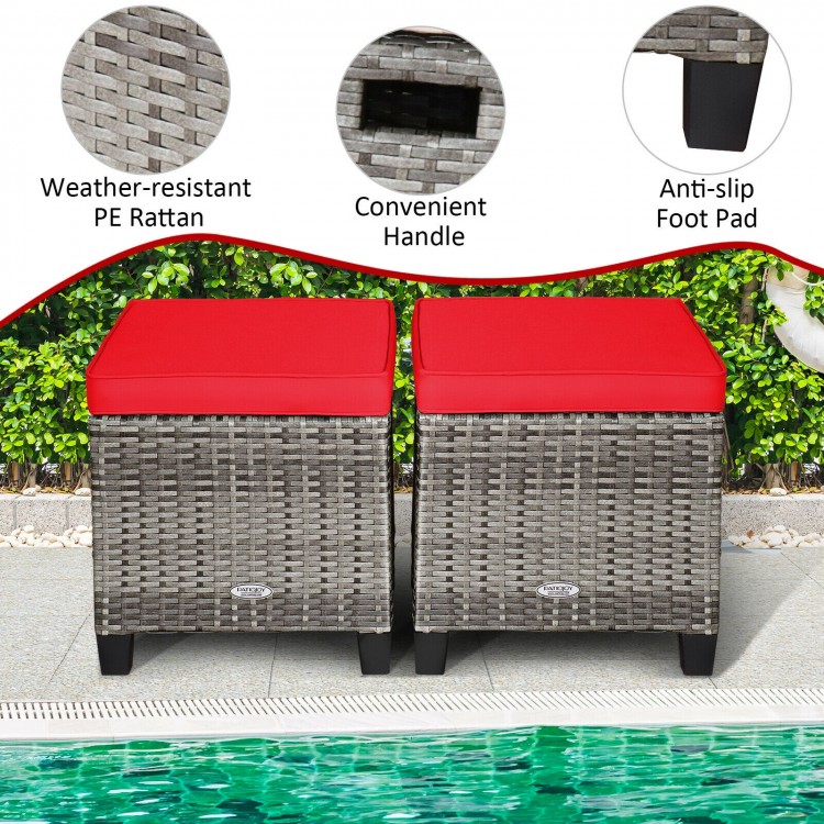 Set of two patio rattan wicker ottomans with red removable cushions, featuring weather-resistant PE rattan and.