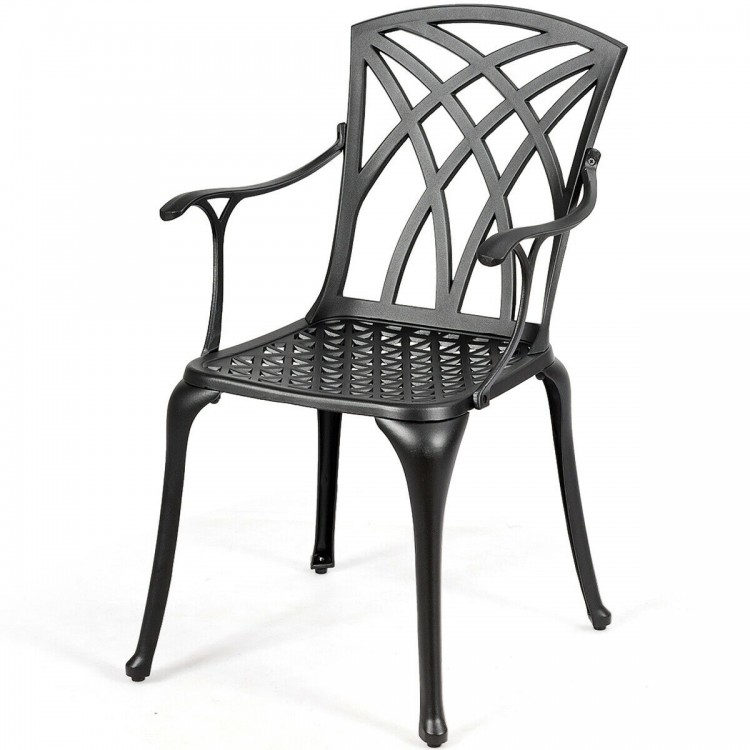 Durable aluminum dining chair with ergonomic design, high back, and curved armrests, perfect for outdoor use.