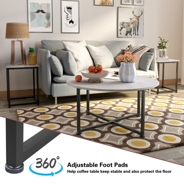 Round coffee table from the 3-piece modern faux marble set with adjustable foot pads for stability and floor protection.