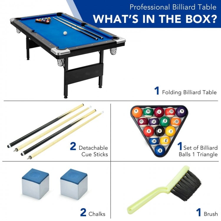 6 feet foldable billiard pool table in blue with steel legs, includes 2 cue sticks, balls, triangle, and chalks for.