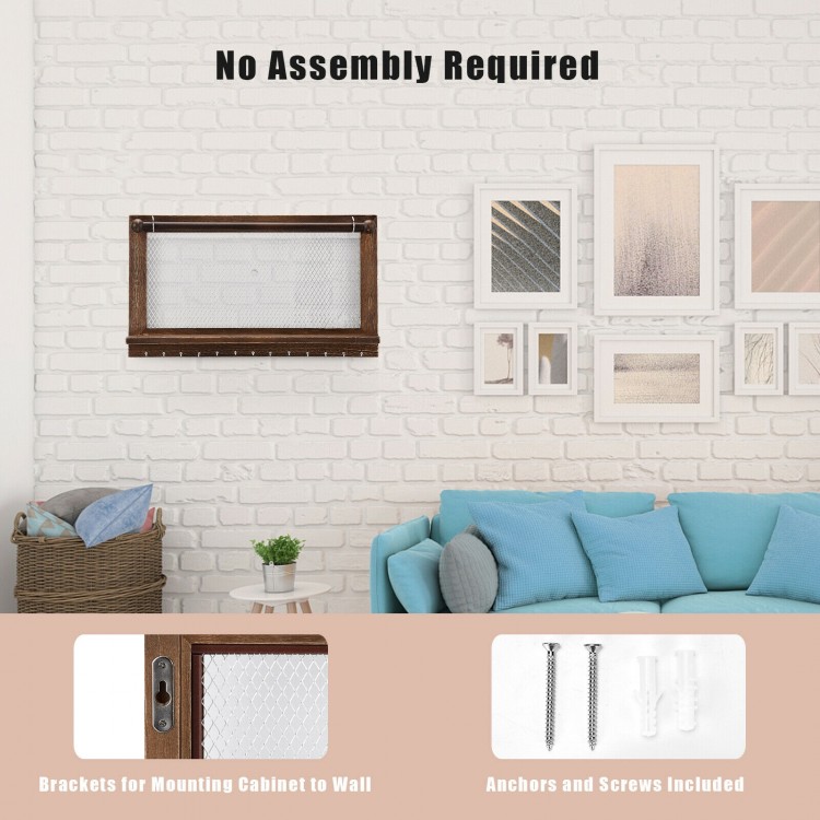 Wall mounted jewelry rack made of pine wood with metal hooks, ideal for organizing necklaces and bracelets in any room.
