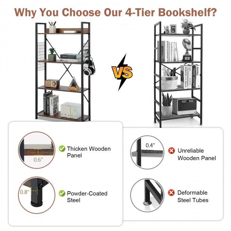 4-tier industrial bookshelf in rustic brown with adjustable shelves, made of powder-coated steel for stability and.