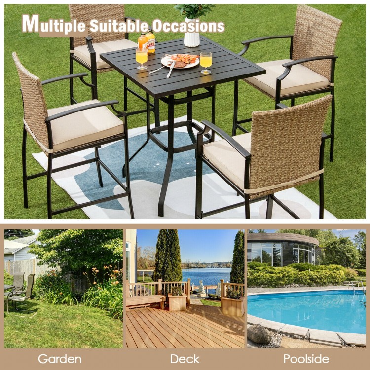5-piece outdoor rattan bistro set with cushions, featuring a sturdy table and bar chairs, ideal for poolside or garden.