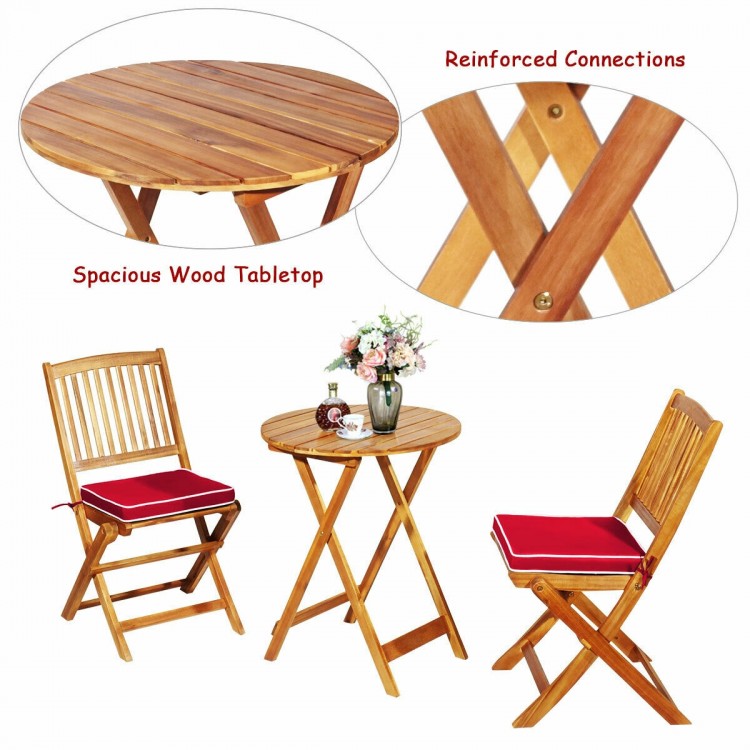Folding wooden bistro set with cushioned chairs in red, made of solid acacia wood, perfect for outdoor dining.