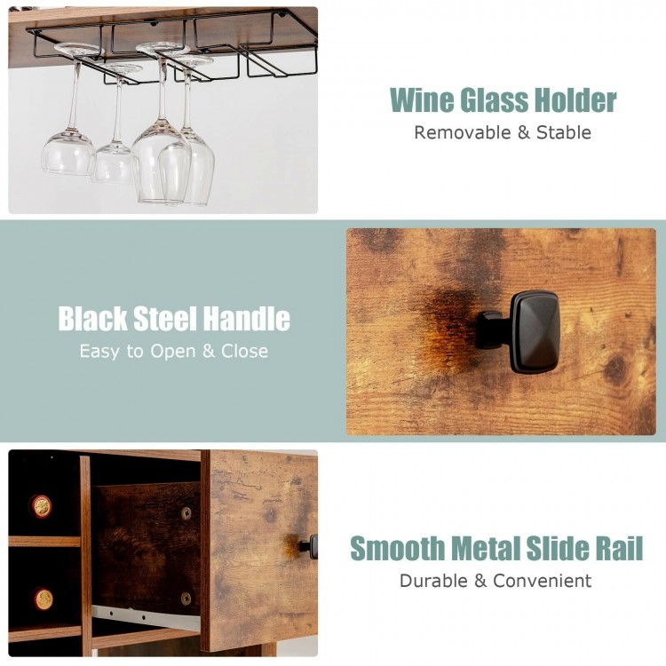 Rustic brown kitchen baker's rack with wine glass holder, drawer, and smooth metal slide rails for easy access.