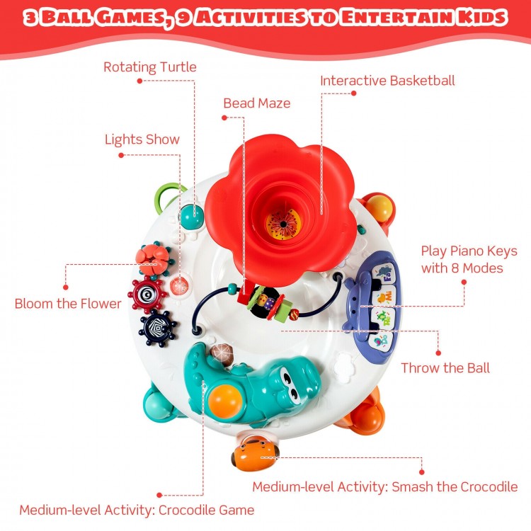 Top view of the Mind-Developing Explore Activity Center Table for Kids, featuring colorful buttons, piano keys, and.