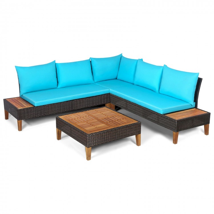 L-shaped patio sofa set with turquoise cushions, acacia wood side tables, and a coffee table for outdoor relaxation.