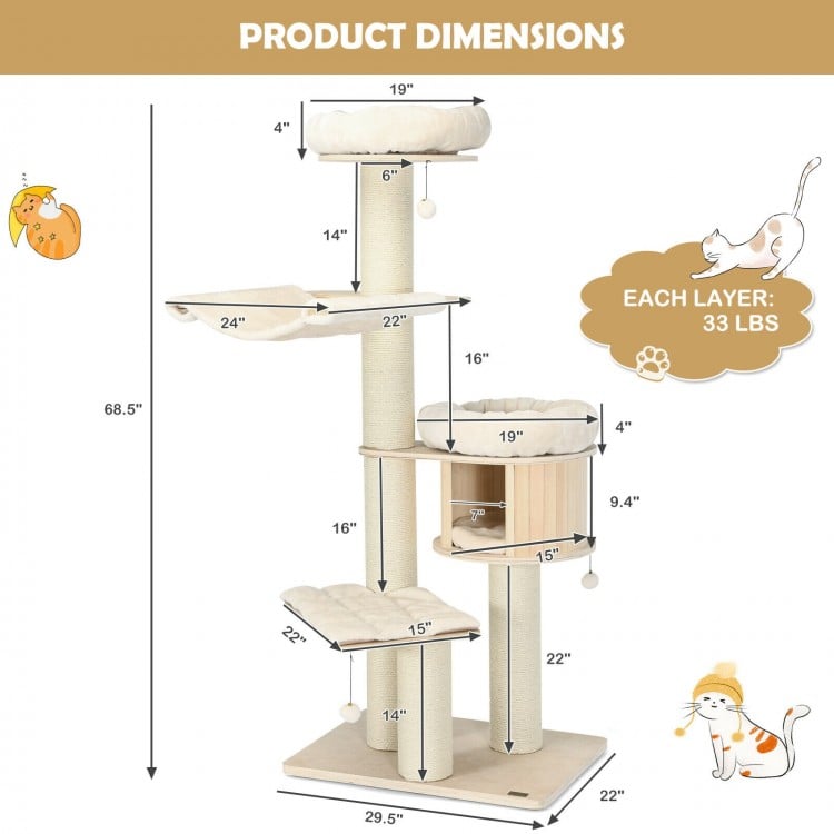 4-layer 68.5-inch wooden cat tree condo with plush coverings and sisal posts, perfect for play and cozy napping.