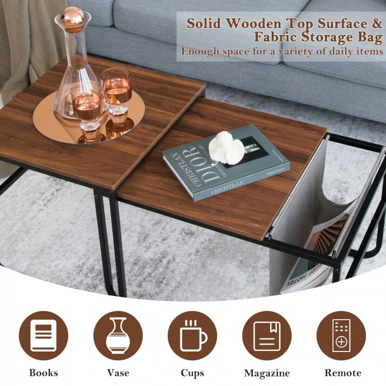 Nesting coffee tables with rustic brown solid wood tops and fabric storage bag, perfect for living room or bedroom use.