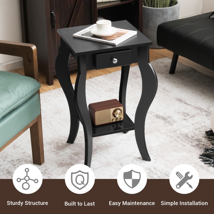 Black 2-tier end table with drawer and shelf, featuring elegant design and sturdy legs for living room or bedroom use.