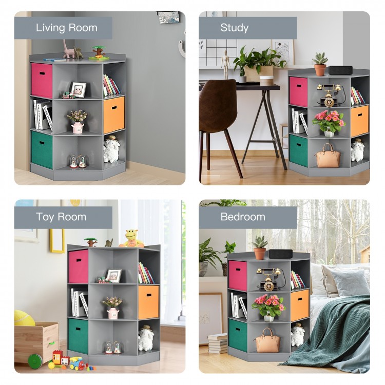 3-tier gray kids storage shelf corner cabinet with colorful baskets, perfect for organizing toys and books in any room.