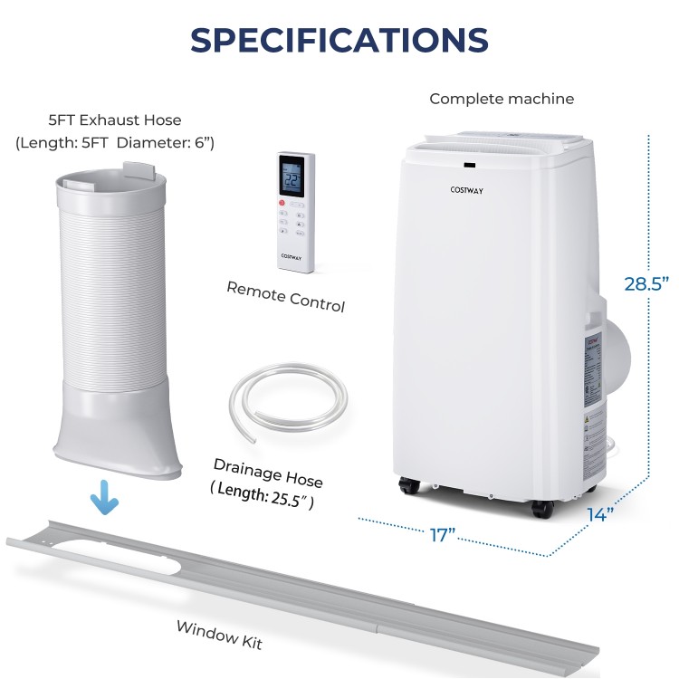 Portable 12000 BTU air conditioner with remote control, 3 modes, and quick-install window kit for spaces up to 450.