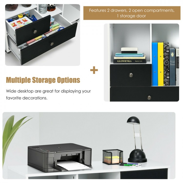 Lateral mobile filing cabinet in black featuring 2 drawers, 2 open shelves, and 4 casters for easy mobility and.