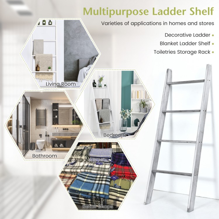 4-tier gray ladder shelf made of pine wood, ideal for storing blankets and toiletries in living rooms and bathrooms.