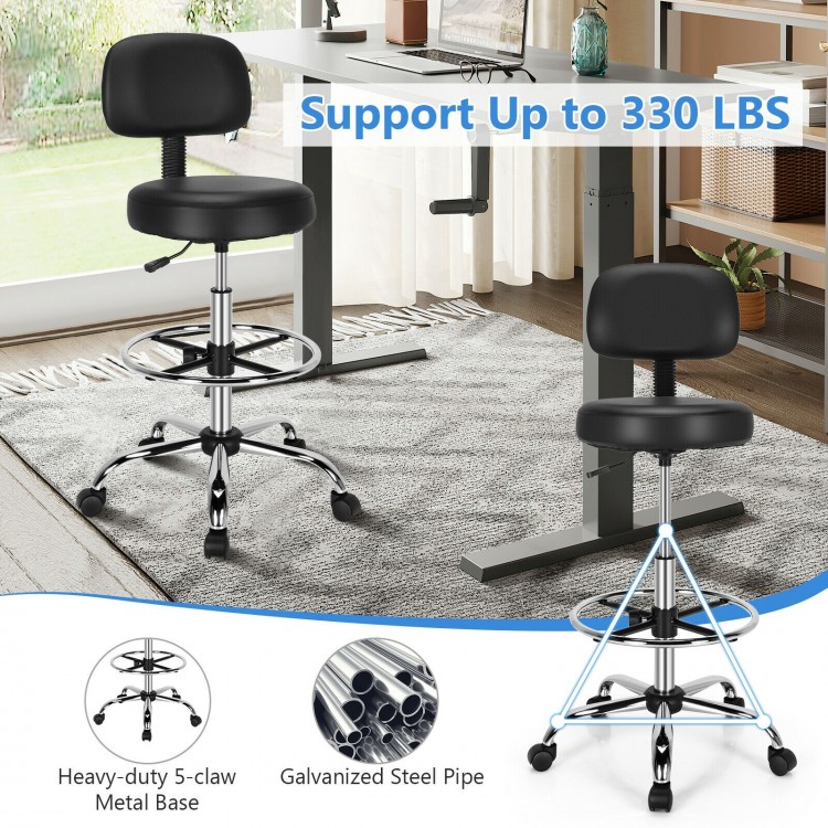Swivel drafting chair in black with adjustable foot ring and backrest, supports up to 330 lbs for versatile use.