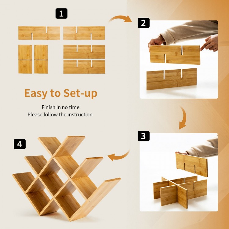 Bamboo wine rack assembly steps showcasing the 8-bottle capacity and elegant butterfly design for easy setup.