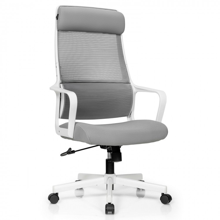 Gray adjustable mesh office chair with a height-adjustable headrest and heating support for enhanced comfort and relief.