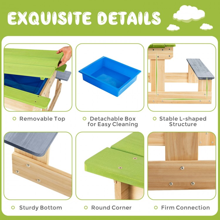 3-in-1 outdoor wooden kids water sand table with detachable boxes for easy cleaning, ideal for backyard play.