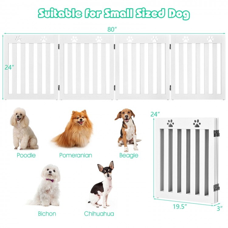 Freestanding 24-inch white wooden pet gate with paw print design, perfect for small dogs and stylish home decor.