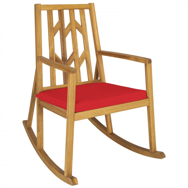 Acacia wood rocking chair with red cushion, featuring a sturdy design and comfortable armrests for patio relaxation.