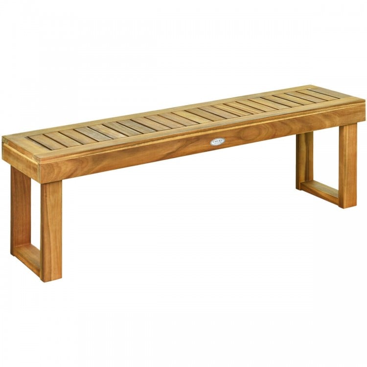 52-inch acacia wood dining bench with slatted seat, natural teak color, ideal for outdoor and indoor use.