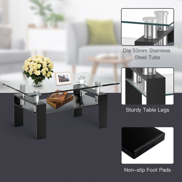 Rectangle glass coffee table with black metal legs, featuring a double-tier design for storage and tempered glass.