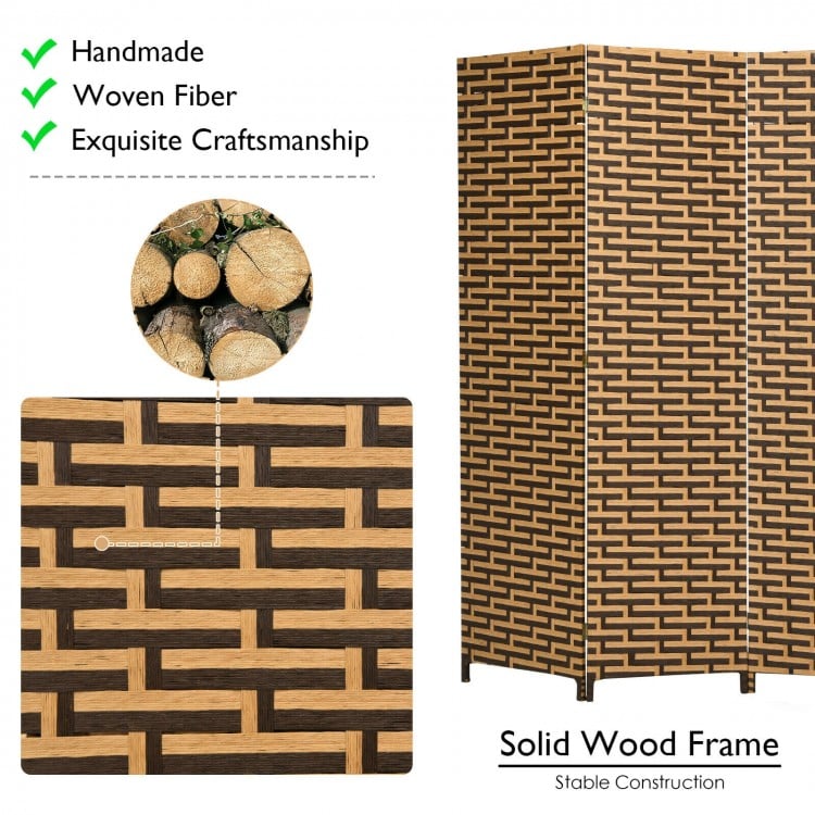 4-panel folding room divider with hand-woven fiber and solid wood frame, perfect for creating privacy in any space.