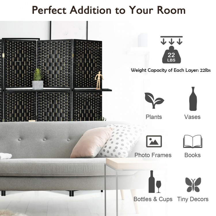 6 panel black room divider with hand-woven fiber and 2 display shelves, perfect for creating private space in any room.