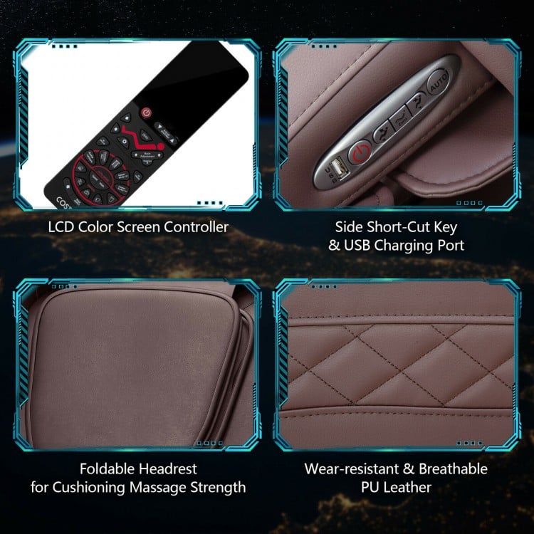 Close-up of the Relaxation 09 electric massage chair's LCD controller and USB charging port in brown PU leather.