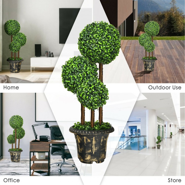 36-inch artificial topiary triple ball tree with vibrant green PE leaves in a decorative cement-filled pot for indoor.