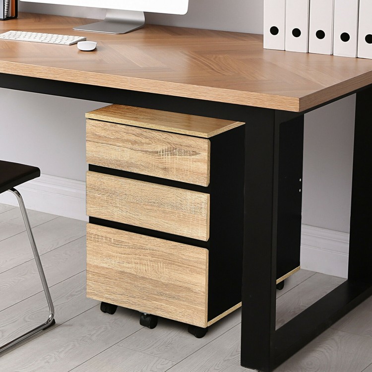 3-drawer mobile file cabinet with a lockable design and auxiliary wheel, perfect for secure and stable home office.